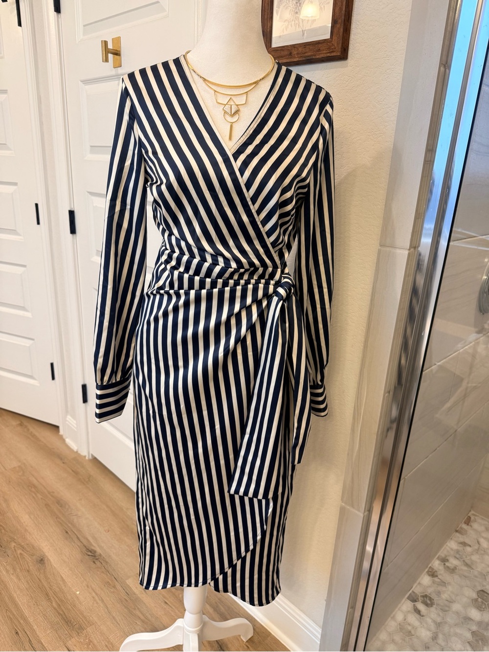 Sam Edelman Navy and White Striped Wrap Midi Dress